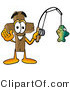 Illustration of a Cartoon Christian Cross Mascot Holding a Fish on a Fishing Pole by Mascot Junction