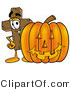 Illustration of a Cartoon Christian Cross Mascot with a Carved Halloween Pumpkin by Mascot Junction