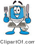 Illustration of a Cartoon Computer Mascot Holding a Knife and Fork by Mascot Junction
