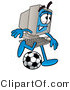 Illustration of a Cartoon Computer Mascot Kicking a Soccer Ball by Mascot Junction