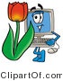 Illustration of a Cartoon Computer Mascot with a Red Tulip Flower in the Spring by Mascot Junction