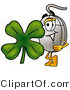 Illustration of a Cartoon Computer Mouse Mascot with a Green Four Leaf Clover on St Paddy's or St Patricks Day by Mascot Junction