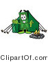 Illustration of a Cartoon Dollar Bill Mascot Camping with a Tent and Fire by Mascot Junction