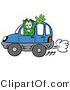 Illustration of a Cartoon Dollar Bill Mascot Driving a Blue Car and Waving by Mascot Junction