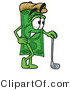 Illustration of a Cartoon Dollar Bill Mascot Leaning on a Golf Club While Golfing by Mascot Junction