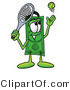 Illustration of a Cartoon Dollar Bill Mascot Preparing to Hit a Tennis Ball by Mascot Junction