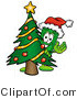 Illustration of a Cartoon Dollar Bill Mascot Waving and Standing by a Decorated Christmas Tree by Mascot Junction