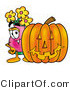 Illustration of a Cartoon Flowers Mascot with a Carved Halloween Pumpkin by Mascot Junction