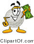 Illustration of a Cartoon Golf Ball Mascot Holding a Dollar Bill by Mascot Junction