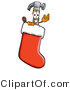 Illustration of a Cartoon Hammer Mascot Inside a Red Christmas Stocking by Mascot Junction
