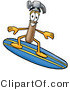 Illustration of a Cartoon Hammer Mascot Surfing on a Blue and Yellow Surfboard by Mascot Junction