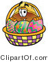 Illustration of a Cartoon Hard Hat Mascot in an Easter Basket Full of Decorated Easter Eggs by Mascot Junction