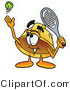 Illustration of a Cartoon Hard Hat Mascot Preparing to Hit a Tennis Ball by Mascot Junction