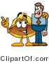 Illustration of a Cartoon Hard Hat Mascot Talking to a Business Man by Mascot Junction