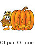 Illustration of a Cartoon Hard Hat Mascot with a Carved Halloween Pumpkin by Mascot Junction