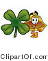 Illustration of a Cartoon Hard Hat Mascot with a Green Four Leaf Clover on St Paddy's or St Patricks Day by Mascot Junction