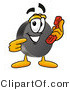 Illustration of a Cartoon Hockey Puck Mascot Holding a Telephone by Mascot Junction