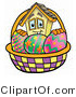 Illustration of a Cartoon House Mascot in an Easter Basket Full of Decorated Easter Eggs by Mascot Junction