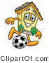 Illustration of a Cartoon House Mascot Kicking a Soccer Ball by Mascot Junction