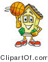 Illustration of a Cartoon House Mascot Spinning a Basketball on His Finger by Mascot Junction