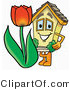 Illustration of a Cartoon House Mascot with a Red Tulip Flower in the Spring by Mascot Junction