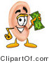 Illustration of a Cartoon Human Ear Mascot Holding a Dollar Bill by Mascot Junction