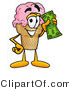 Illustration of a Cartoon Ice Cream Cone Mascot Holding a Dollar Bill by Mascot Junction