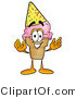 Illustration of a Cartoon Ice Cream Cone Mascot Wearing a Birthday Party Hat by Mascot Junction