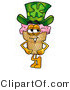 Illustration of a Cartoon Ice Cream Cone Mascot Wearing a Saint Patricks Day Hat with a Clover on It by Mascot Junction