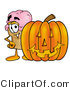 Illustration of a Cartoon Ice Cream Cone Mascot with a Carved Halloween Pumpkin by Mascot Junction