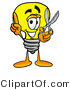 Illustration of a Cartoon Light Bulb Mascot Holding a Pair of Scissors by Mascot Junction