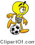 Illustration of a Cartoon Light Bulb Mascot Kicking a Soccer Ball by Mascot Junction