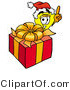 Illustration of a Cartoon Light Bulb Mascot Standing by a Christmas Present by Mascot Junction