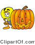 Illustration of a Cartoon Light Bulb Mascot with a Carved Halloween Pumpkin by Mascot Junction