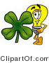 Illustration of a Cartoon Light Bulb Mascot with a Green Four Leaf Clover on St Paddy's or St Patricks Day by Mascot Junction