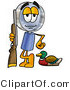 Illustration of a Cartoon Magnifying Glass Mascot Duck Hunting, Standing with a Rifle and Duck by Mascot Junction