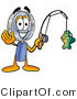 Illustration of a Cartoon Magnifying Glass Mascot Holding a Fish on a Fishing Pole by Mascot Junction