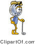 Illustration of a Cartoon Magnifying Glass Mascot Leaning on a Golf Club While Golfing by Mascot Junction