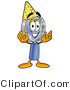 Illustration of a Cartoon Magnifying Glass Mascot Wearing a Birthday Party Hat by Mascot Junction