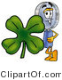 Illustration of a Cartoon Magnifying Glass Mascot with a Green Four Leaf Clover on St Paddy's or St Patricks Day by Mascot Junction