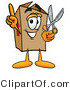 Illustration of a Cartoon Packing Box Mascot Holding a Pair of Scissors by Mascot Junction