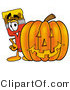 Illustration of a Cartoon Paint Brush Mascot with a Carved Halloween Pumpkin by Mascot Junction