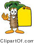 Illustration of a Cartoon Palm Tree Mascot Holding a Yellow Sales Price Tag by Mascot Junction