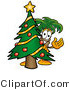 Illustration of a Cartoon Palm Tree Mascot Waving and Standing by a Decorated Christmas Tree by Mascot Junction