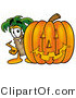 Illustration of a Cartoon Palm Tree Mascot with a Carved Halloween Pumpkin by Mascot Junction