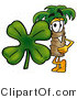 Illustration of a Cartoon Palm Tree Mascot with a Green Four Leaf Clover on St Paddy's or St Patricks Day by Mascot Junction