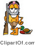 Illustration of a Cartoon Pencil Mascot Duck Hunting, Standing with a Rifle and Duck by Mascot Junction