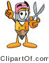 Illustration of a Cartoon Pencil Mascot Holding a Pair of Scissors by Mascot Junction
