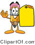 Illustration of a Cartoon Pencil Mascot Holding a Yellow Sales Price Tag by Mascot Junction