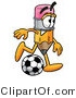 Illustration of a Cartoon Pencil Mascot Kicking a Soccer Ball by Mascot Junction